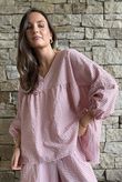Arbi Gingham Peasant Smock Blouse Indian Pink